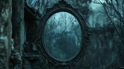 A dark, enchanted mirror reflecting an alternate, sinister version of reality, hyper-detailed reflections