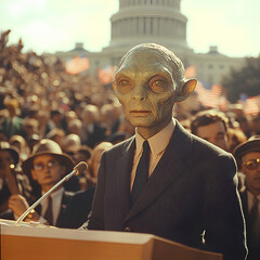 
Extraterrestrial alien politician standing on wooden podium addressing huge crowd of people in front of Washington Capitol in 1960s. Green leather, suit. American flags vintage political aesthetic 8K