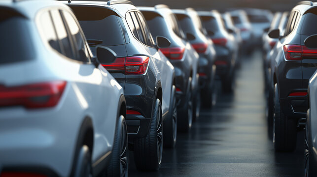 Back view of modern car fleet parked at dealership lot, automobile industry, new cars, vehicle stock, dealership inventory, car dealership, new cars, vehicle fleet, automobile market, car sales, auto.