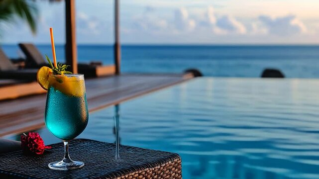 Azure cocktail by a pool overlooking the ocean