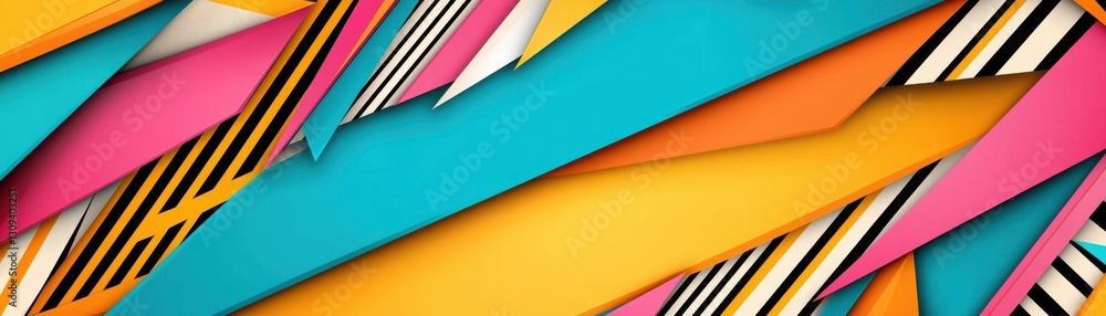 Poster a vibrant abstract design featuring colorful, angular shapes in pink, teal, yellow, and black, creat