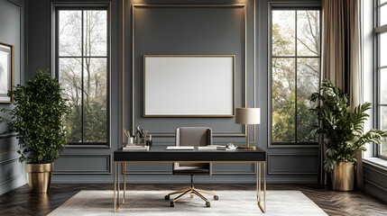 Elegant home office with a black desk, blank whiteboard frame, gold accents, and neutral tones