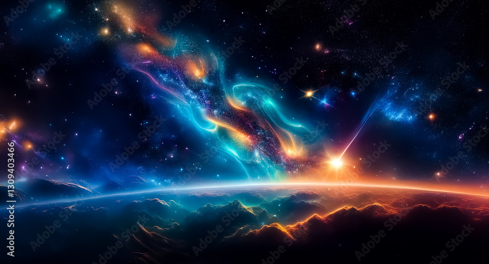 Poster a vibrant cosmic scene shows a planet's horizon under a colorful nebula filled with stars and a brig