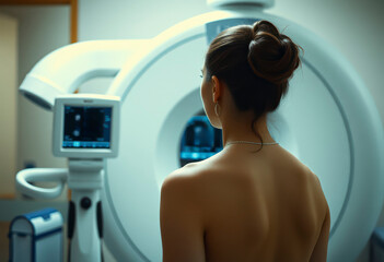 In a hospital, a topless female patient prepares for a mammogram screening procedure surrounded by advanced imaging equipment.