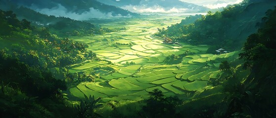 Fototapeta premium Lush Valley Rice Terraces Sunrise