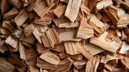 A textured mosaic of light-brown wood chips scattered randomly, showcasing their natural roughness and layered charm