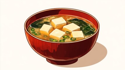 Pixel Art Miso Soup with Tofu and Seaweed in a Red Bowl