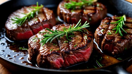 Sizzling juicy grilled beef steaks with rosemary