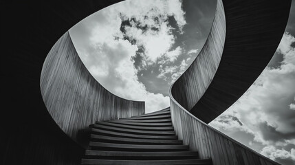 A winding staircase that never ends, disappearing into the sky, symbolizing existential dread and the feeling of going in circles.