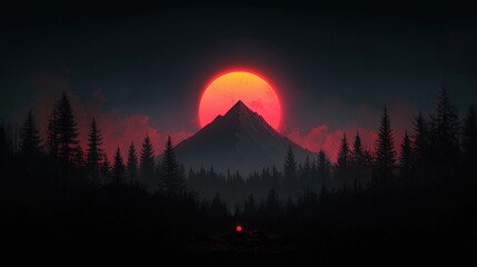 Red sun setting behind a mountain range in a dark forest.