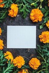 Vertical Marigolds springtime scenery, nature background. Festive holiday greeting card for Birthday, Woman or Mothers Day.