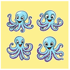 four cute octopus design concepts in various styles suitable for children's stories