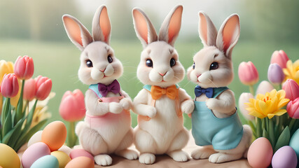 A cute and playful scene with two bunny figurines wearing small bowties, surrounded by vibrant flowers and pastel-colored eggs in a sunny garden. 