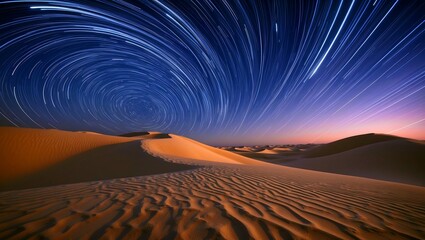 Naklejka premium Star trails dancing above desert dunes at night