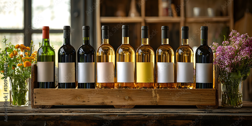Poster bottles of wine arranged on rustic wooden table in vineyard setting. generative ai