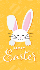 Colorful Happy Easter greeting card with rabbit, bunny, eggs with banners.