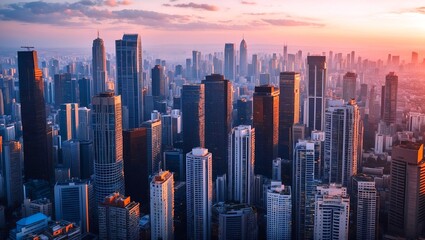Fototapeta premium Stunning urban skyline at sunset with skyscrapers