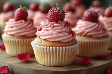 Strawberry topped cupcakes with pink frosting stand out against a soft blurred background creating a mouthwatering and visually appealing treat