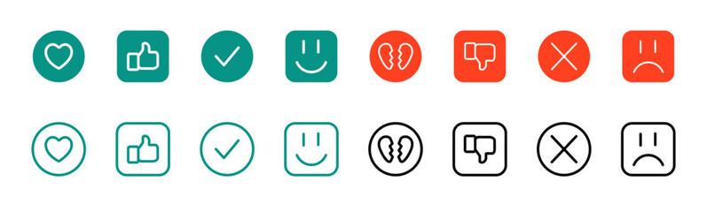 Set of like and dislike icons - thumbs up, check marks and crosses. Symbols of approval and rejection - . Vector illustrations