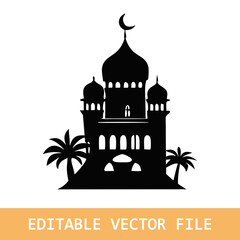Happy Ramadan Mubarak. Vector illustration with black Mosque silhouette and text Eid Al Adha Al Mubarak.