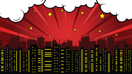 Comic red background design with cloud, star and city silhouette © VectForest