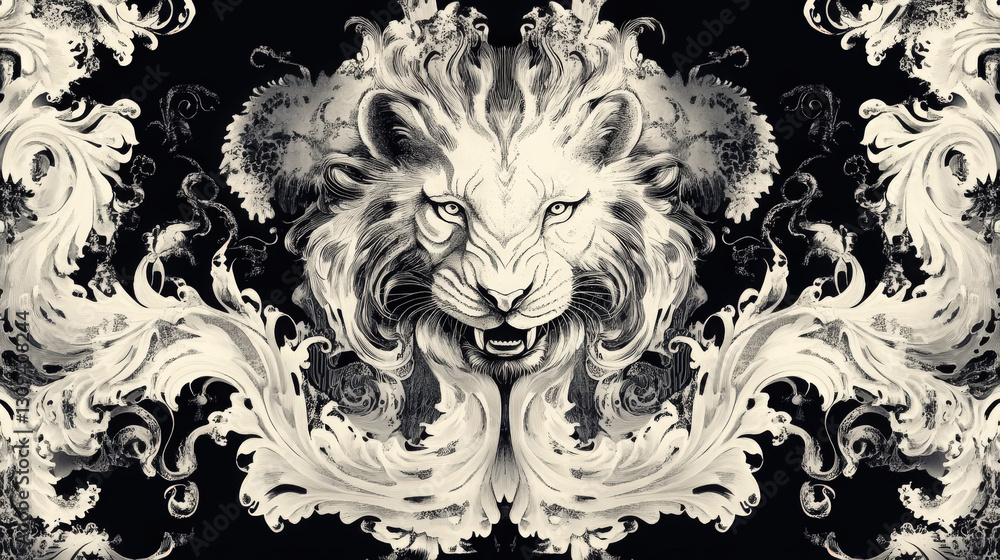 Aufkleber lion motif textile art. abstract textile design featuring a bold lion motif surrounded by swirling, 