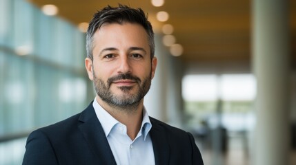 Fototapeta premium Portrait of a confident middle-aged businessman in a modern office hallway.