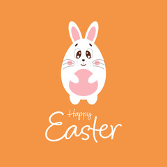 Cute easter bunny with a basket of eggs in cartoon style. Easter greeting card Vector illustration.