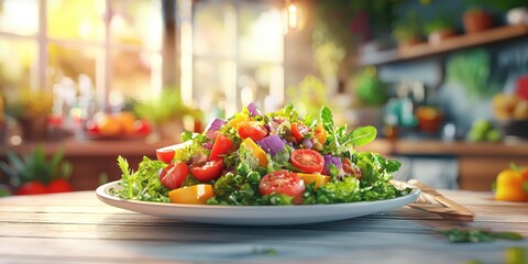 Obraz premium Fresh garden salad with colorful vegetables on a plate with a blurred farm-to-table restaurant background