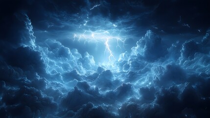 Brilliant lightning flashes through dense and imposing cloud formations above