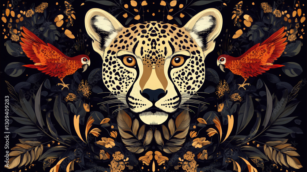 Aufkleber leopard and parrot pattern. a detailed textile pattern features a leopard's face surrounded by parro
