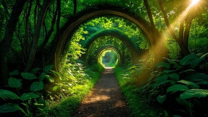 Sunlit pathway through a lush forest tunnel