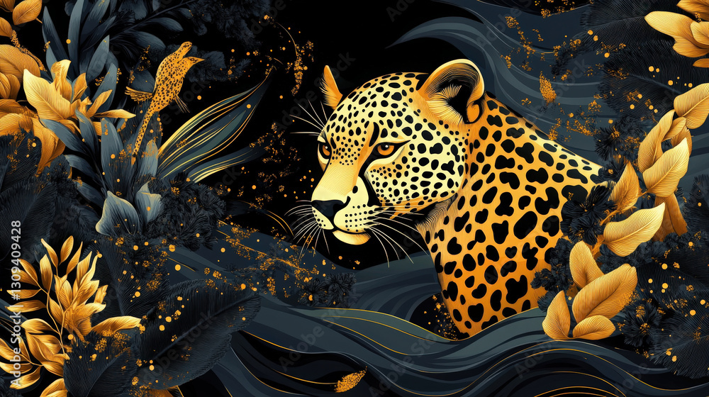 Poster abstract leopard pattern. an abstract textile design features a gold-spotted leopard set against a b
