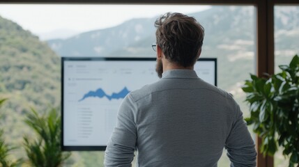 Business professional analyzes data on carbon footprint reduction and green initiatives displayed on an interactive screen in a mountain-view office