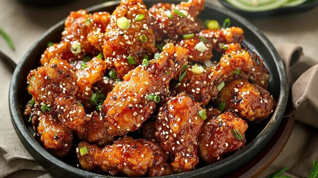 Spicy Korean fried chicken sesame seeds lounch dish Korea