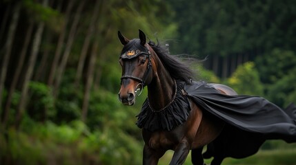 Fototapeta premium Majestic black horse runs through forest, dark cape flowing, nature background, fantasy equestrian photography