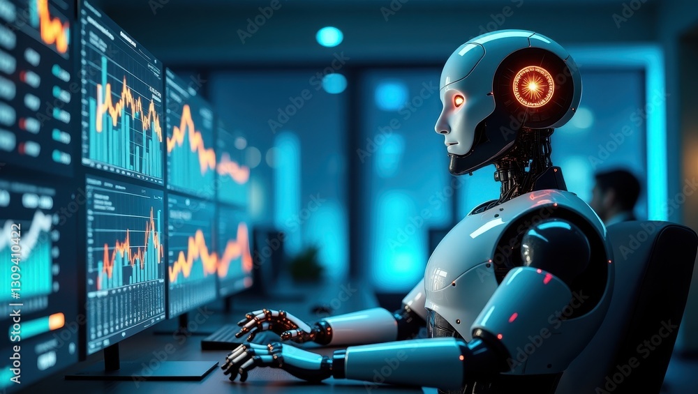 Aufkleber agentic ai analyzing complex data in a modern office environment during nighttime hours
