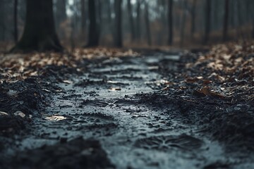 Fototapeta premium Muddy Forest Path in Autumn