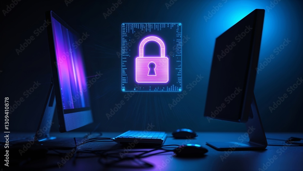 Poster digital lock symbol glowing between two computer monitors in a dark cyber environment focused on sec