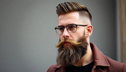 A stylish Caucasian man with a well-groomed beard and trendy haircut, wearing glasses and a brown jacket in a modern setting.