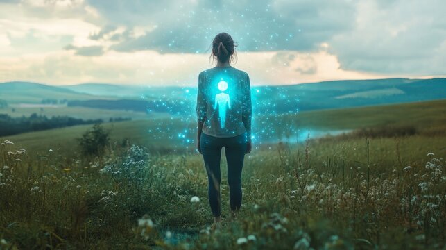 A glowing digital representation of a future self floating in front of a person in a serene landscape
