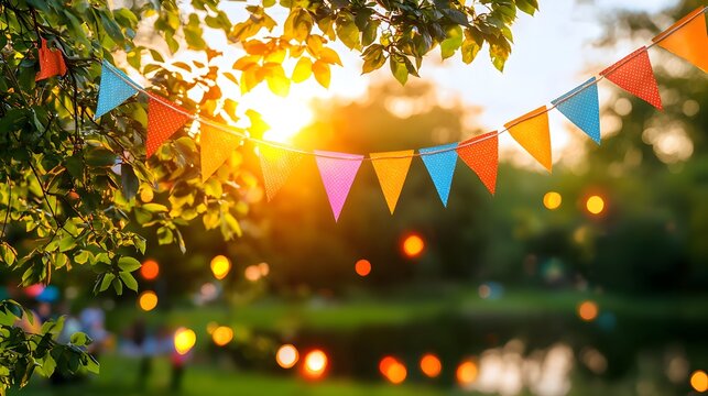 Vibrant summer festival celebrating joyous journeys along a tranquil lake colorful decorations bright atmosphere