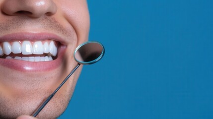 Cheerful man admires bright smile with mirror after professional dental care at sunny clinic