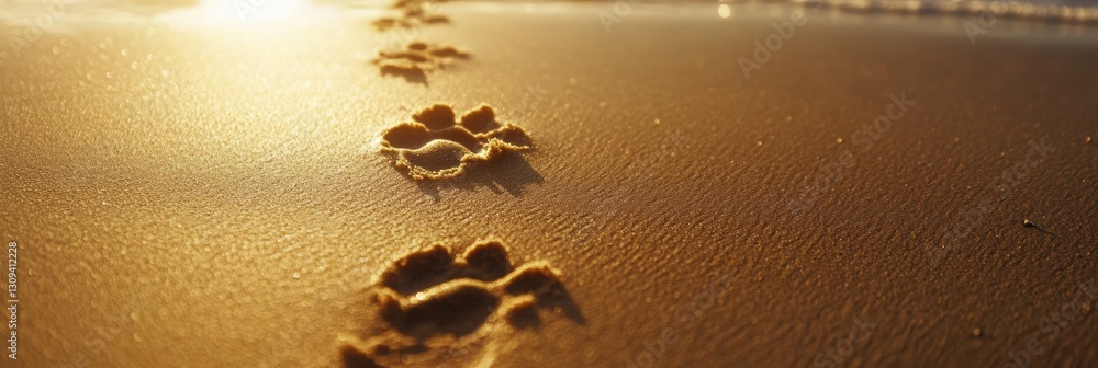 Poster dog paw prints create a charming pattern on golden sand at the beach while waves softly lap in the d