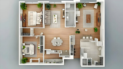 Detailed Top View Apartment Floor Plan with Furnished Rooms Modern Design and Natural Lighting