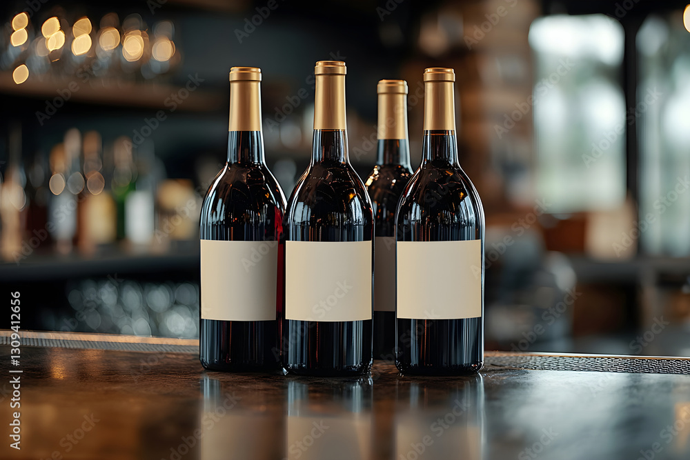 Poster various types of wine bottles lined up on a sleek bar countertop. generative ai.