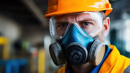 A manufacturing worker ensuring their respirator mask fits tightly before working with hazardous materials