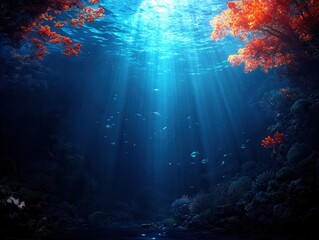 Obraz premium Underwater world reveals glowing corals and shimmering fish illuminated by sunlight streaming from above. Generative AI
