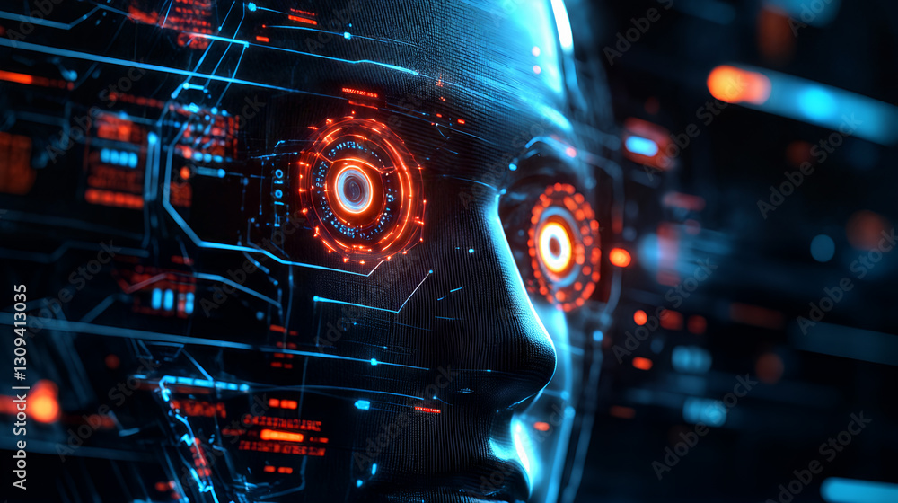 Sticker futuristic ai interface with digital holographic display and cybernetic elements in neon blue and or