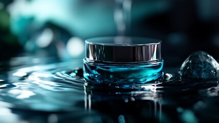 Fototapeta premium Luxury Blue Cream Jar in Water: Hydrating Skincare Product